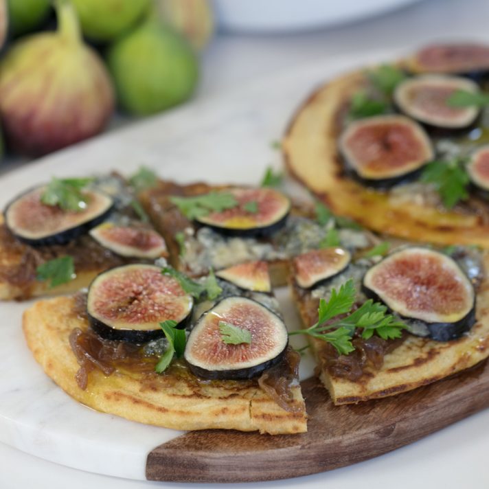 California Fig Socca Flatbreads with Caramelized Onions and Blue Cheese